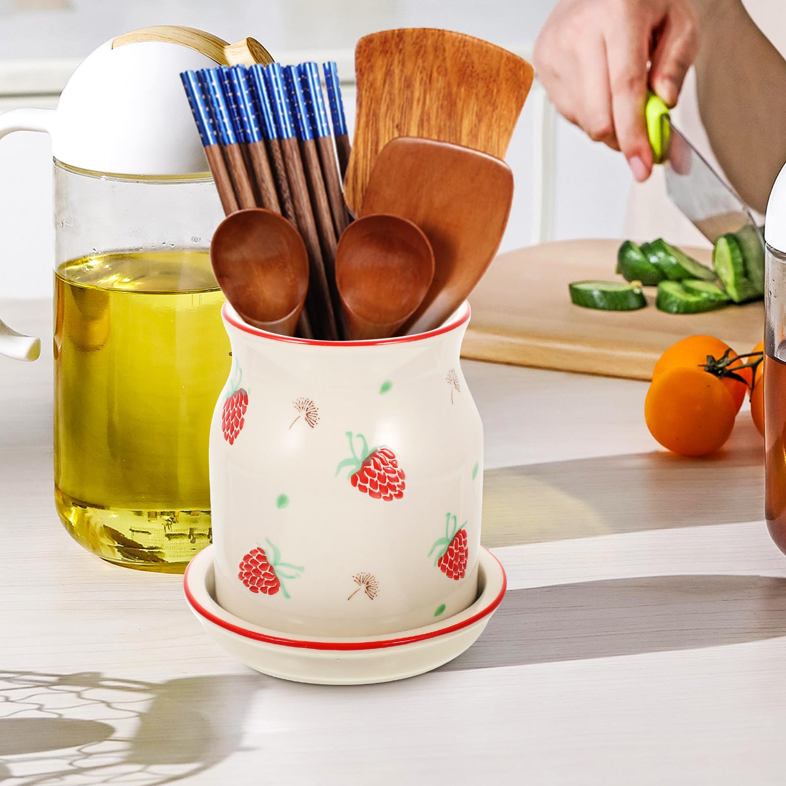 Keramik Essstäbchenhalter Besteckhalter für Küche Multifunktionaler Küchenutensilienhalter mit Abtropffunktion für Essstäbchen Löffel Gabeln Haushalts Organizer für Küchentisch