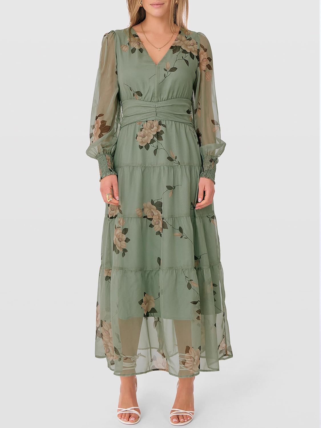 ANRABESS Womens Floral Long Sleeve Maxi Dress V Neck Chiffon Flowy Boho A-Line 2026 Spring Wedding Guest Party Wrap Dresses - Image 3