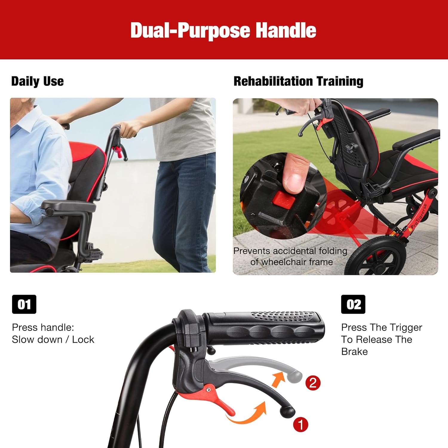 Wheelchairs for Adults,Transport Wheelchair Lightweight Foldable with Removable Cushion,Ergonomic Transfer Chair with 12-inch Rear Wheels for All Terrains,Travel Wheelchair,Red