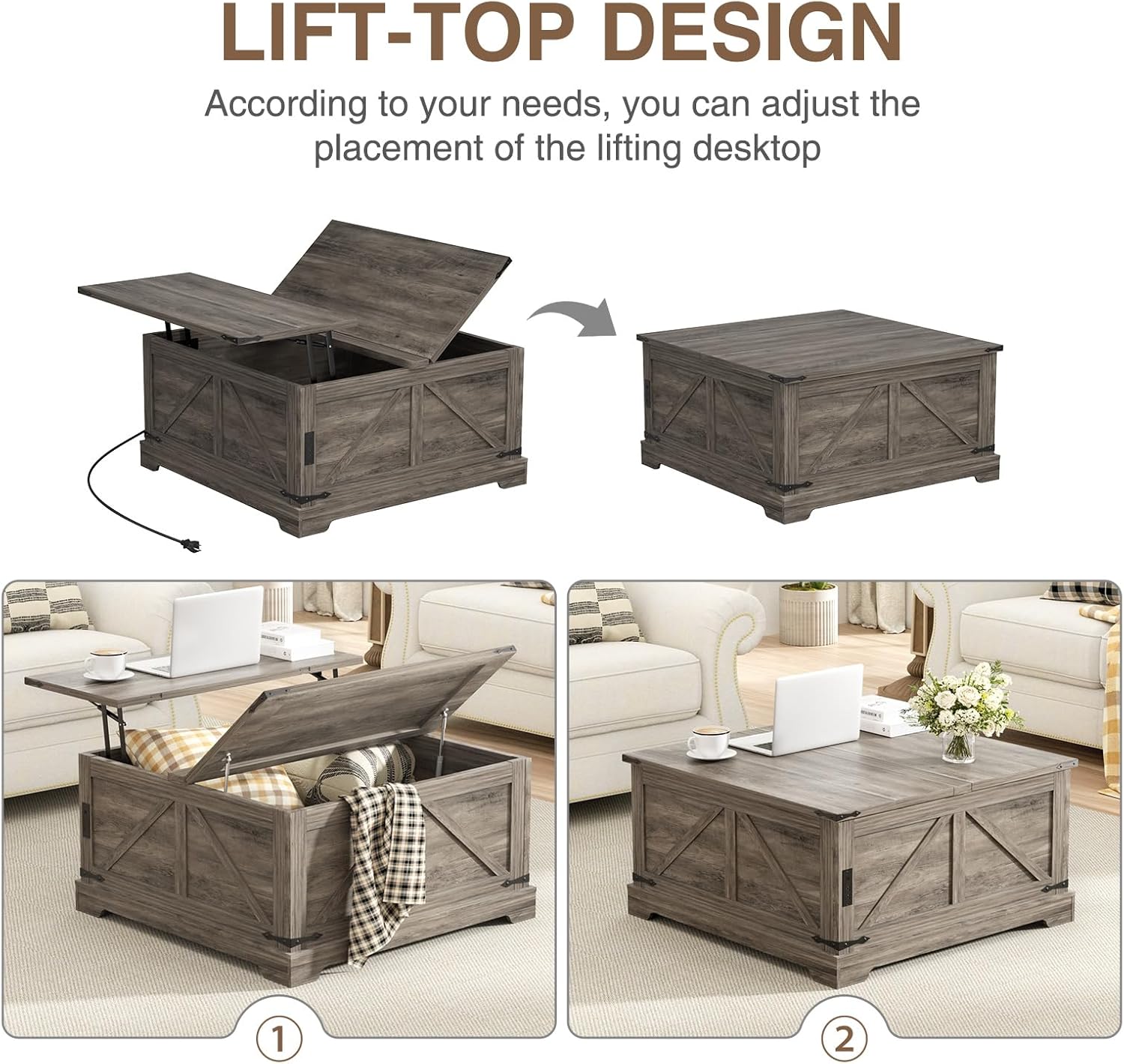 Two images demonstrating the lift-top design of the coffee table, showing it closed and partially open.