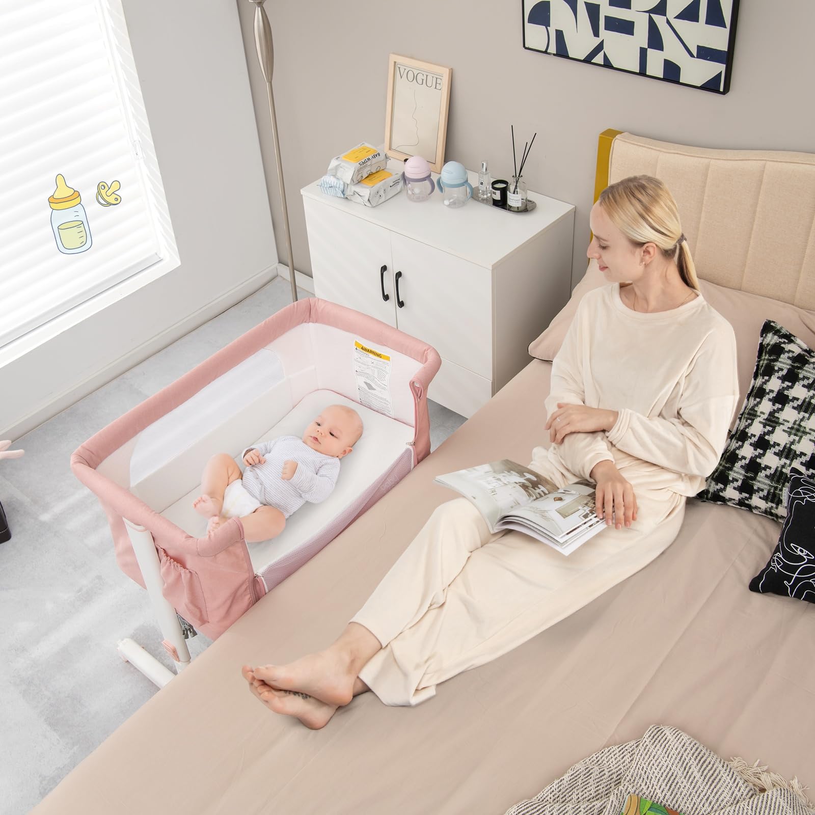 LIFEZEAL Berceau Cododo avec Roues Universelles et Matelas, Lit Parapluie Hauteur Réglable en 5 Positions, Lit d'Appoint avec Poche Latérale et Sac de Transport, 0-5 Mois (Rose)
