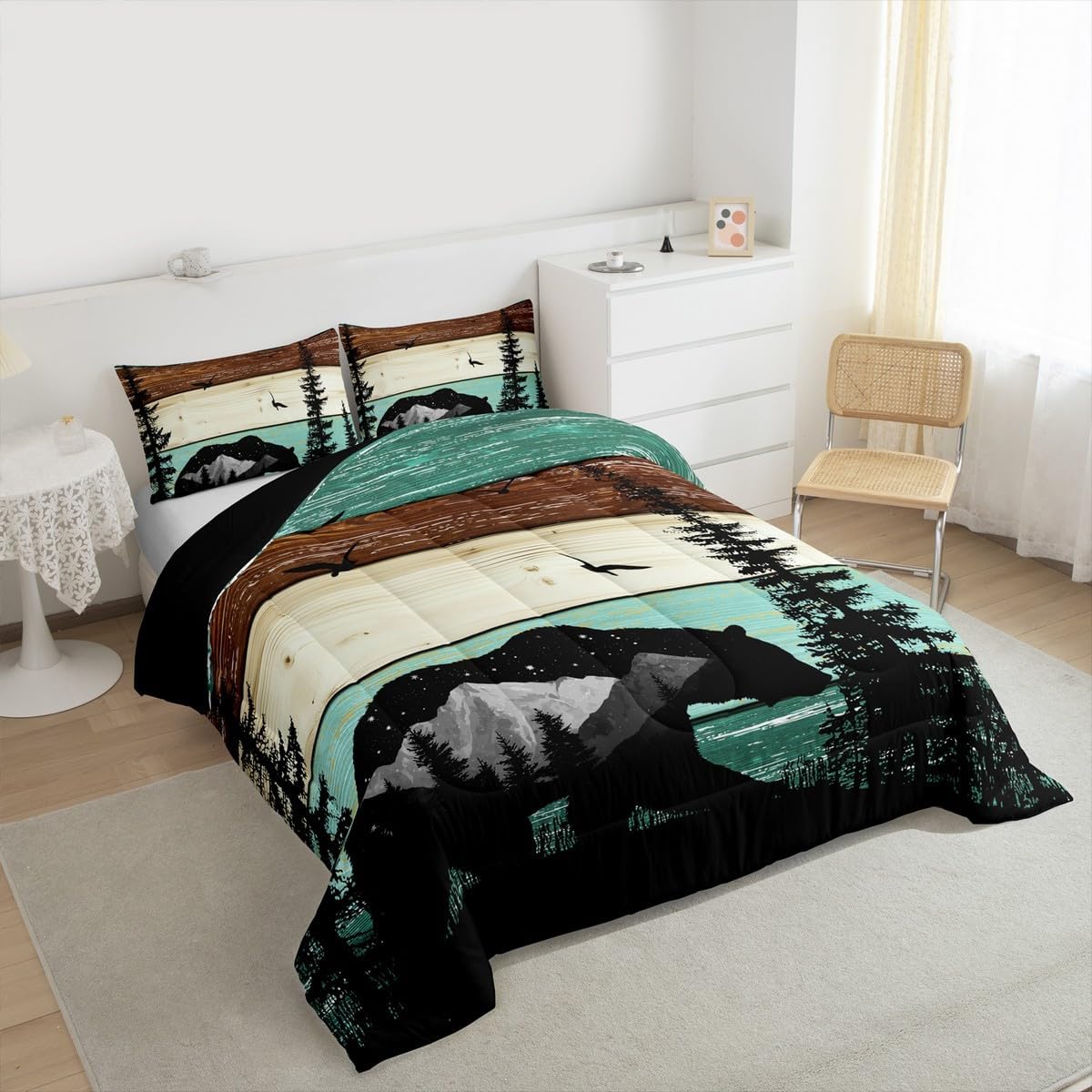 Erosebridal Bear Cabin Comforter Set Rustic Hunting Bedding Set Queen Size,Farmhouse Country Quilt for Kids Boys Girls Mens,Western Woodland Mountain Tree Down Comforter,Teal Black Brown