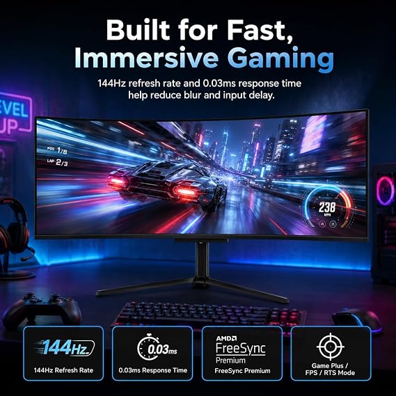 Deco Gear OLED 49 Inch Curved Monitor, 5K2K 51201440 Ultrawide Dual QHD, 144HZ, 0.03ms, 32:9 HDR400, Adaptive Sync, R1800 Premium 100% sRGB 90W USB-C, Built-in Speakers Height Adjustable Stand