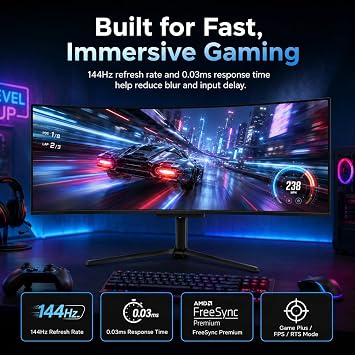 Deco Gear OLED 49 Inch Curved Monitor, 5K2K 51201440 Ultrawide Dual QHD, 144HZ, 0.03ms, 32:9 HDR400, Adaptive Sync, R1800 Premium 100% sRGB 90W USB-C, Built-in Speakers Height Adjustable Stand