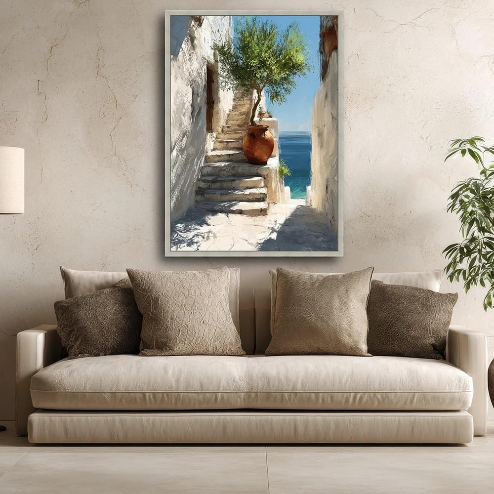 LTjiajuypd Canvas Print Art Staircase Olive Tree Coastal Architecture Sunny Path Decor Modern Home(70x110cm/Frameless)