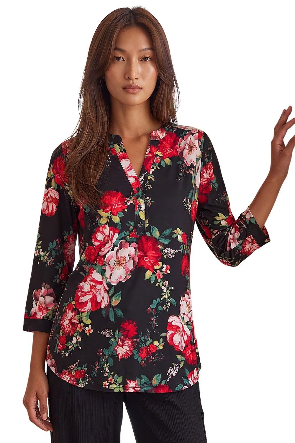Roman Women's Red Floral Print Stretch Shirt In | Size: 12