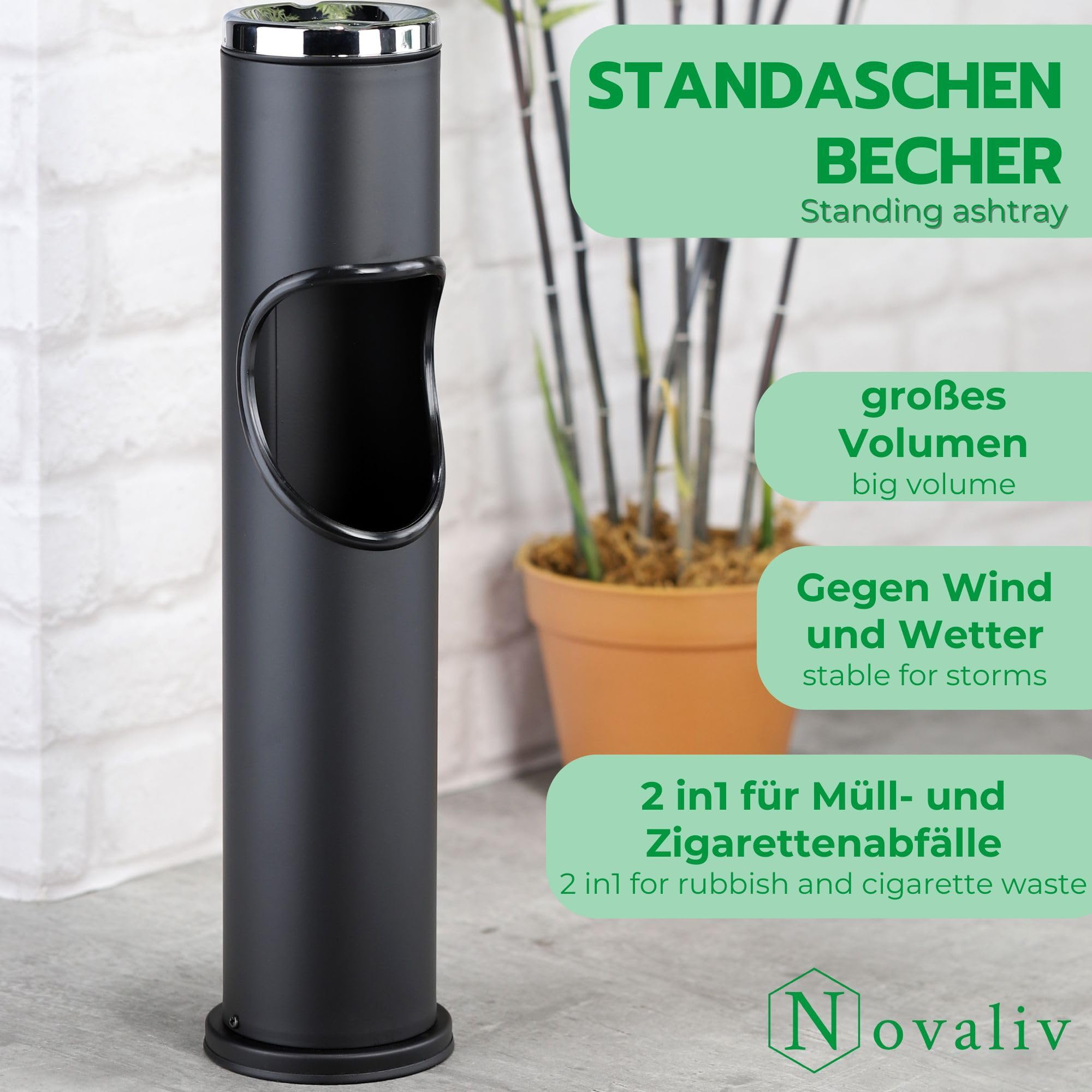 Novaliv 2 ceniceros de pie para exteriores, color negro, 46,5 cm de alto, 9,5 cm de diámetro, 2 en 1 para residuos de basura y cigarrillos, para exteriores, cubo de basura con cenicero, soporte para