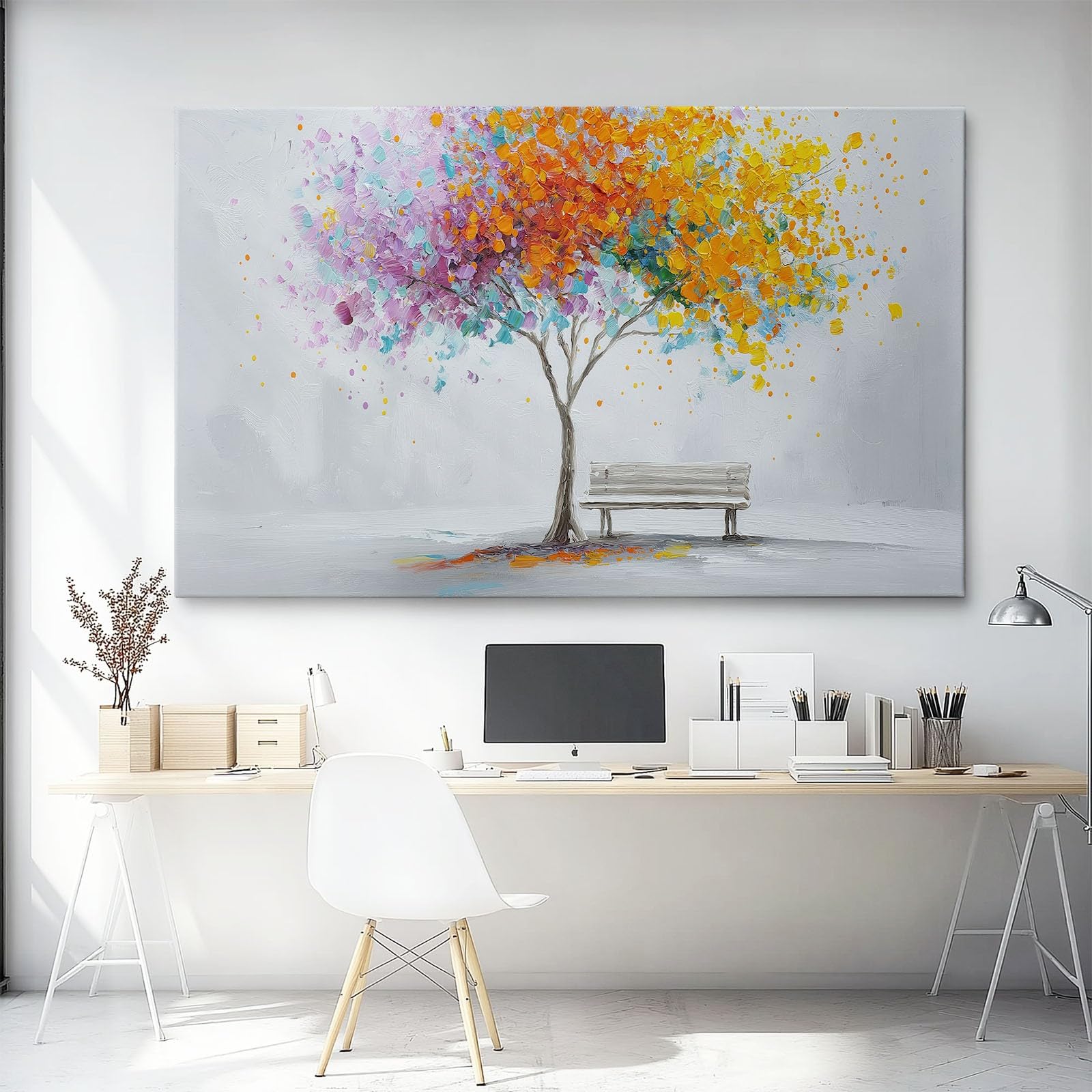 Tela artistica da parete minimalista con albero di piante, stampe moderne e casual su tela per soggiorno, camera da letto, ufficio, grigio bianco, impermeabile, immagini da parete per bagno, 99 x 50,8