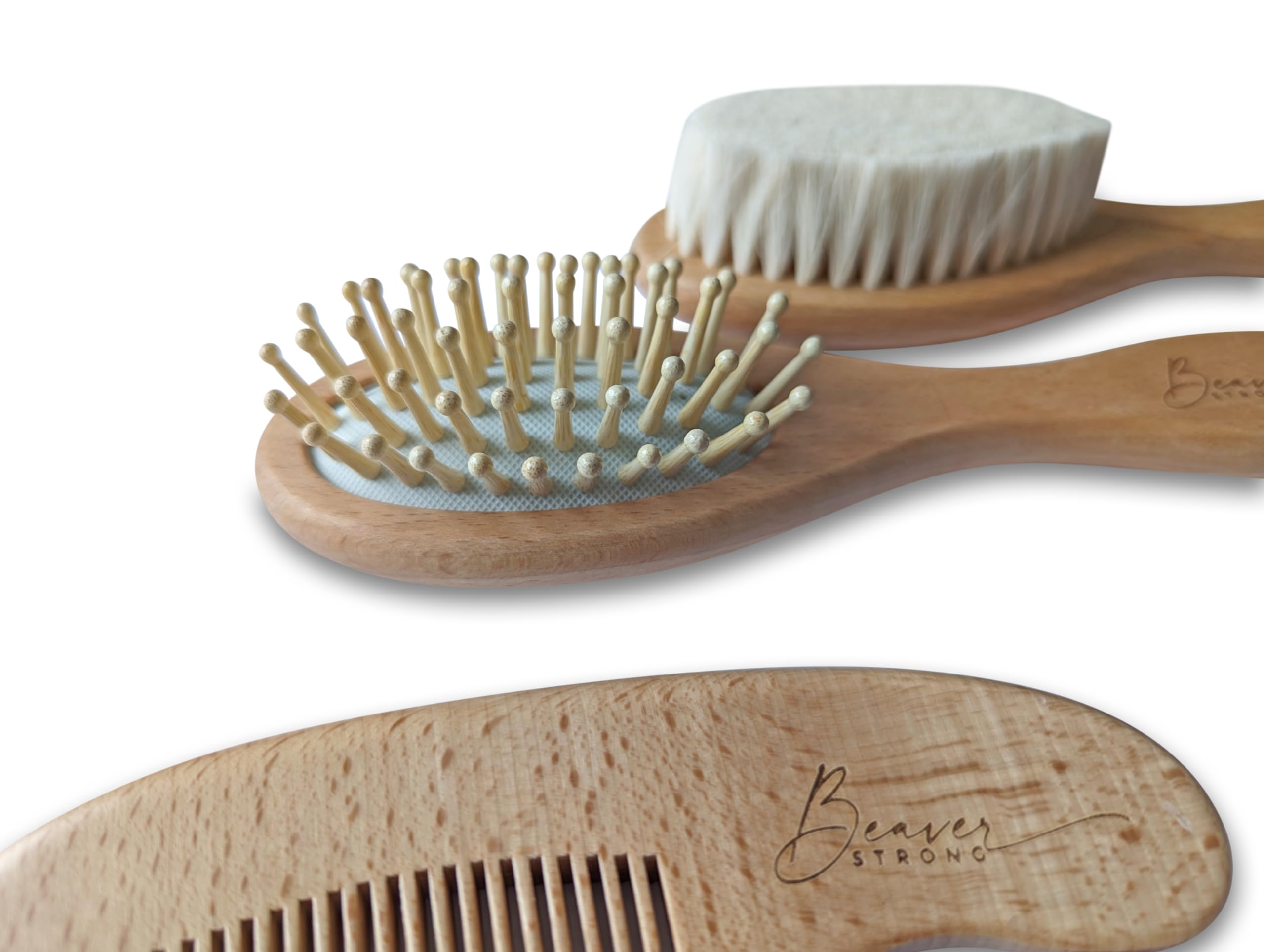 Juego de cepillo y peine de madera para bebé de cuidado suave – 2 cepillos y 1 peine para recién nacidos – Cerdas suaves, seguro y natural – perfecto para cabello y cuero cabelludo