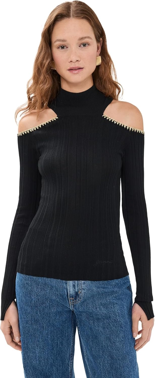 Ganni Women’s Light Viscose Rib Open Shoulder Blouse Ganni Women’s Light Viscose Rib Open Shoulder Blouse