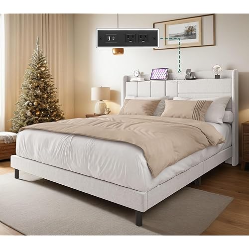 YITAHOME Queen Size Bed Frame with Type-C & USB Ports, Upholstered Platform Bed Frame with Wingback Storage Headboard, Solid Wood Slats Support, No Box Spring Needed, Noise-Free, Beige
