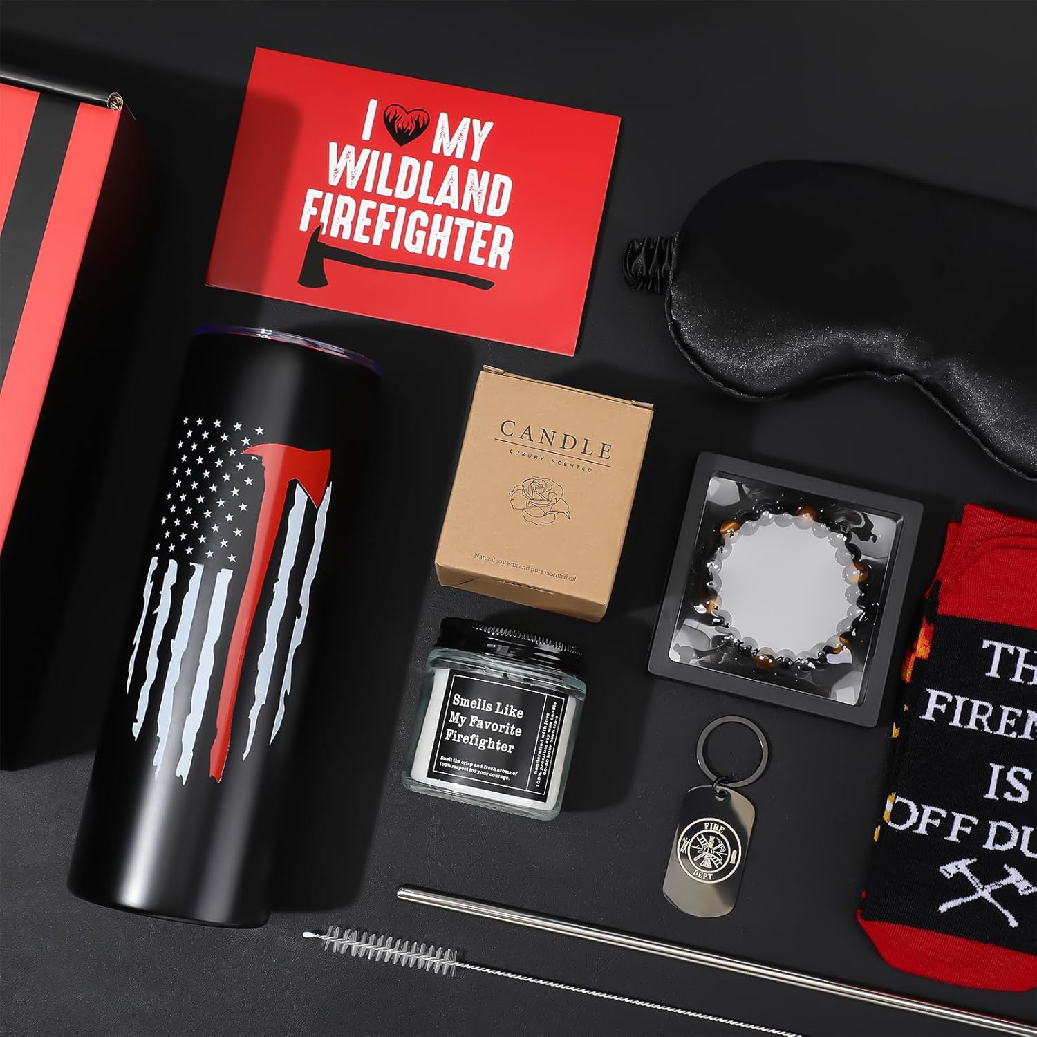 Maxdot Firefighter Gifts for Men Women Birthday Retirement Gift 20oz Stainless Tumbler Socks Keychain Candles Eye Masks Bracelets for Him Dad Husband Friends First Responder Christmas Party Favors - Image 5