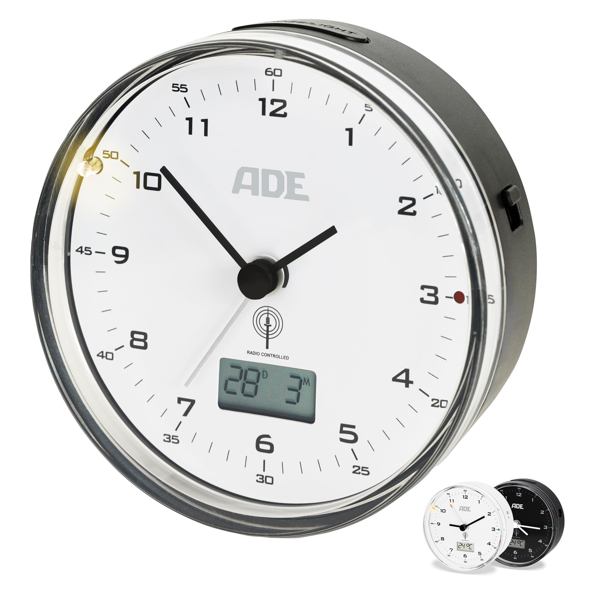ADE Réveil Radio-piloté CK 2022 Noir – Analogique Silencieux, Température, Date, Snooze, Éclairage – Diamètre 8,2 Cm Réveil Chambre Moderne