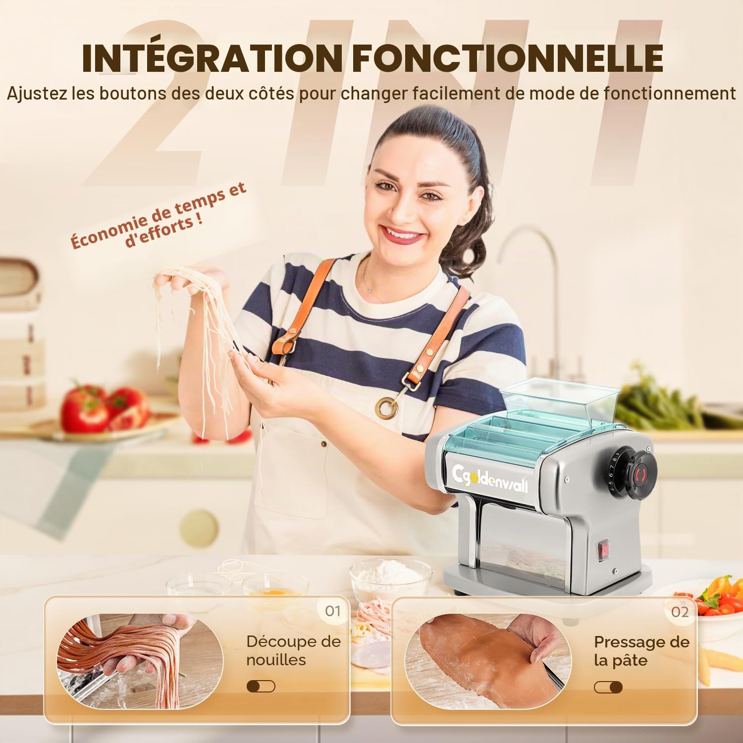 CGOLDENWALL Machine à Pâtes Électrique, Moteur 135W avec 2 Lames (2,5 mm/4 mm) et 9 Épaisseurs Réglables de 0,5-5 mm, Protection en ABS, Acier Inoxydable pour des Nouilles Fraîches Maison