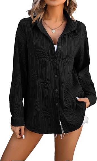 Wanzetaly Womens Button Down Shirt Casual Long Sleeve Textured Blouses Office Work Tops