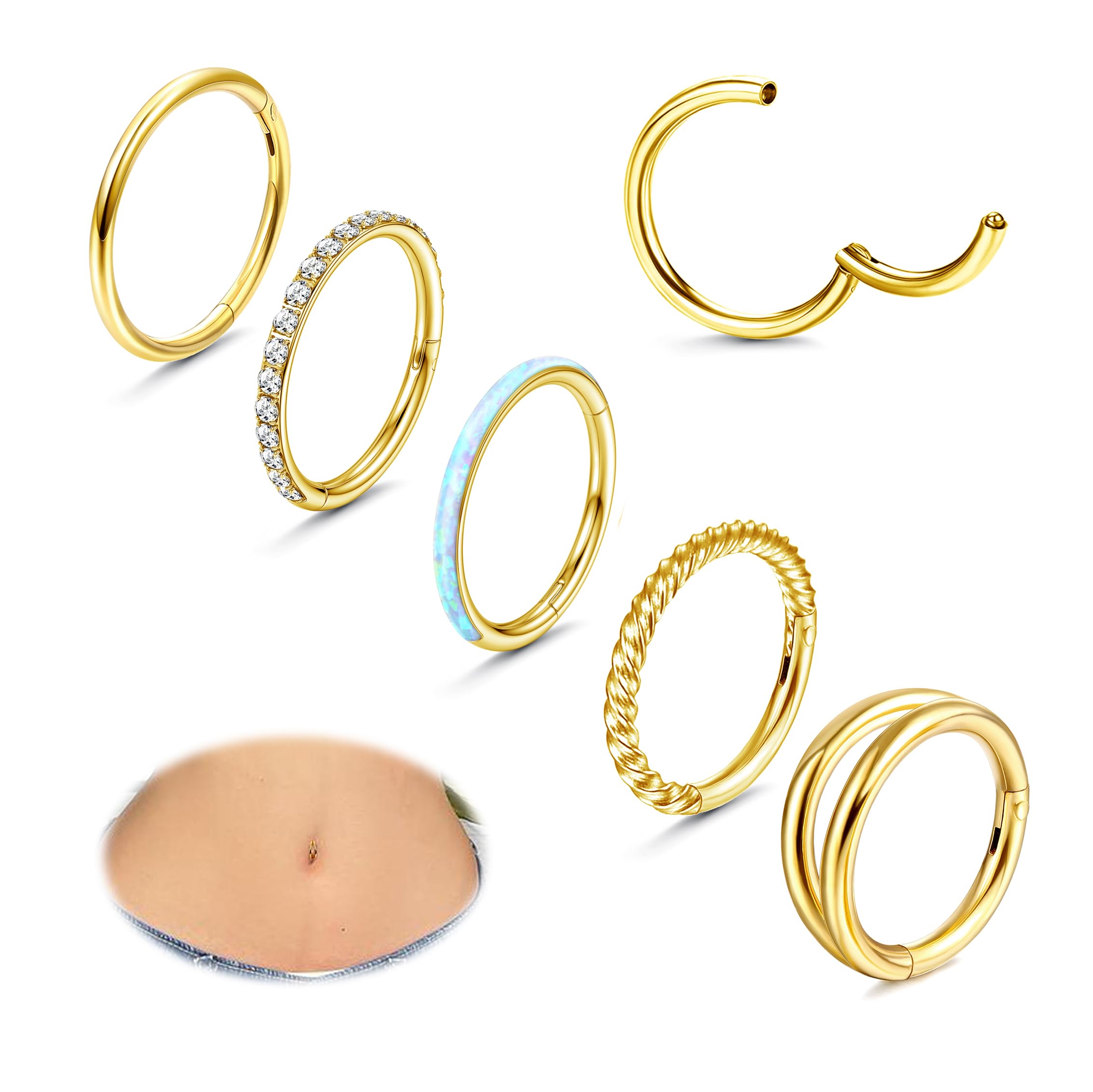 FIOROYAL5Piezas 14G Piercing Ombligo Acero Quirurgico Piercing Tragus Opalo Clicker Piercing Ombligo Aro Piercing Ombligo Dorado Plata