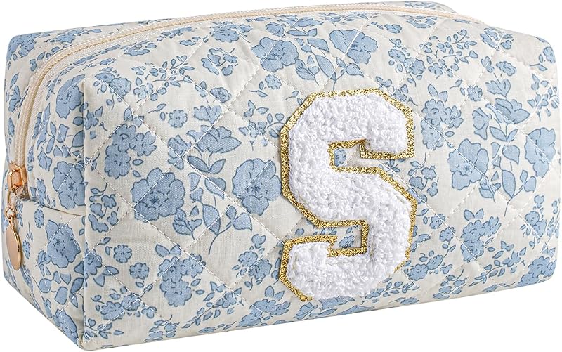 Necessaire de maquiagem Gleyemor com inicial personalizada, algodão acolchoado azul floral, tamanho S