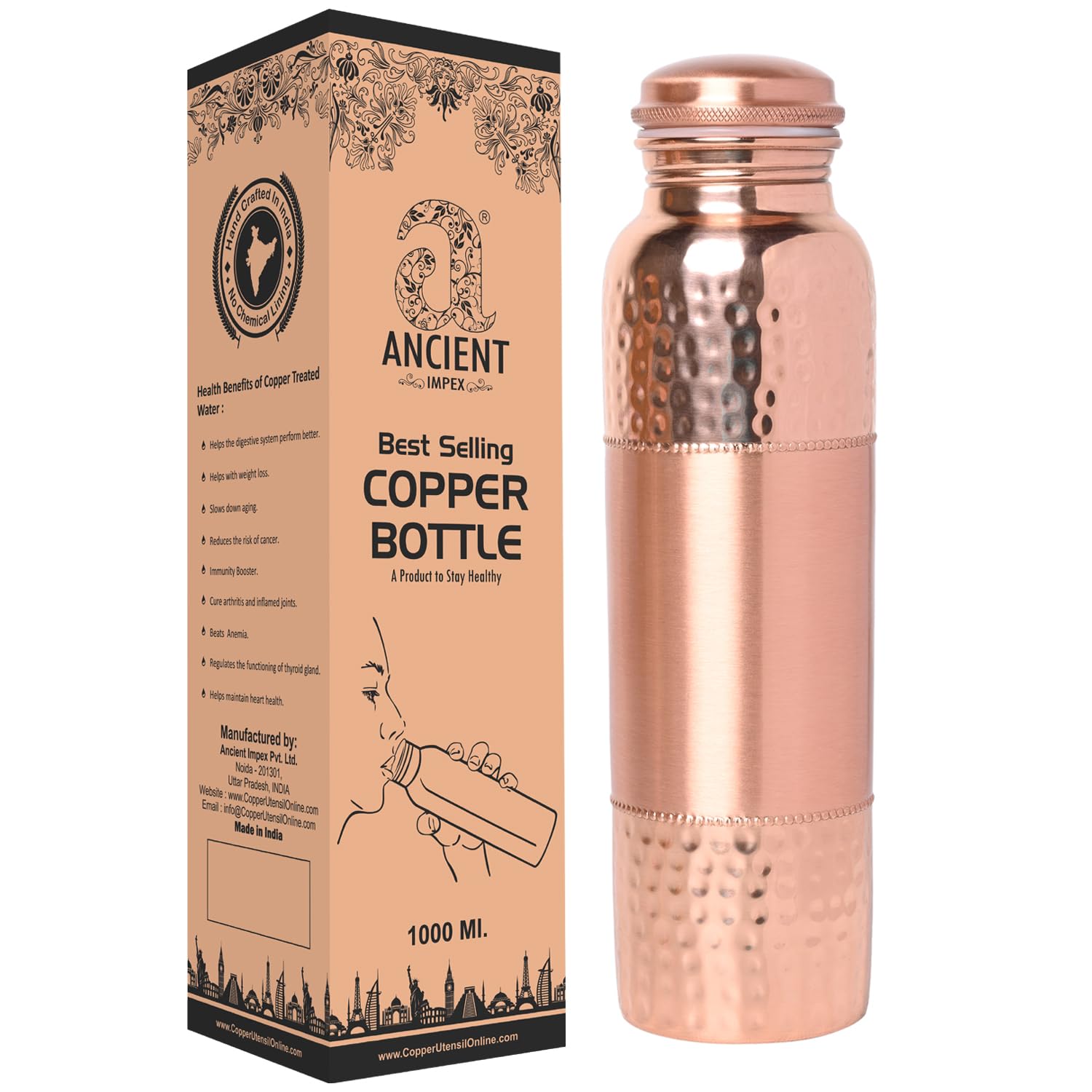ANCIENTIMPEX Pure Copper Water Bottle 1000 ml | Ayurveda Health Benefits | Leak-Proof Copper Bottle Hammered & Plain Pattern