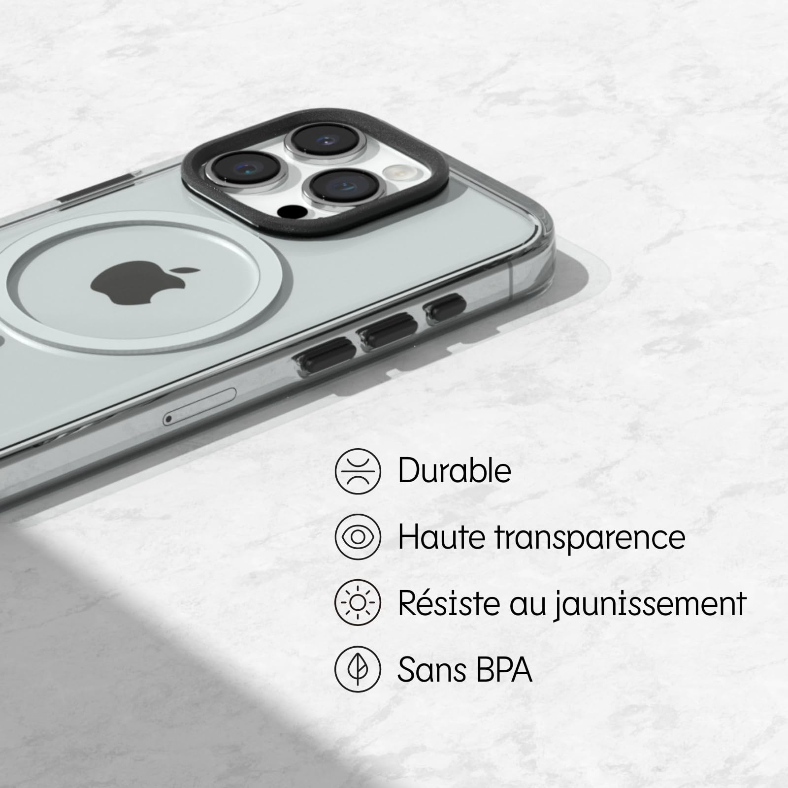 RhinoShield Coque Clear Compatible avec Magsafe pour [iPhone 15] | Force magnétique supérieure, Haute Transparence et résiste au jaunissement. Personnalisable - Blanc Contour objectifs Photo