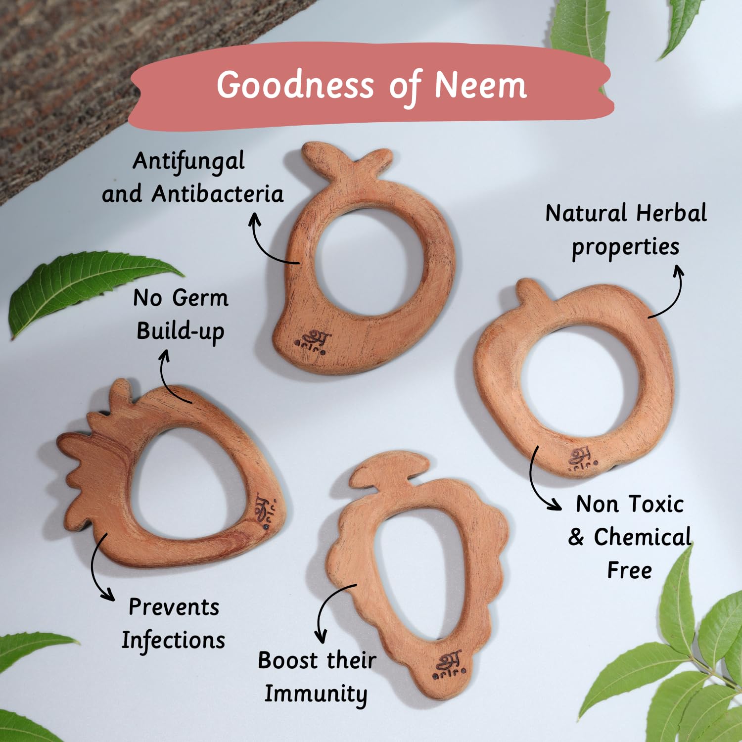 Ariro Wooden Teethers Fruit Shaped for Baby Boy & Girl | Hand Crafted with Organic Neem Wood That Helps Boost Immunity & Aids in Digestion | Easy to Grasp & Chew - Image 3 thumbnail