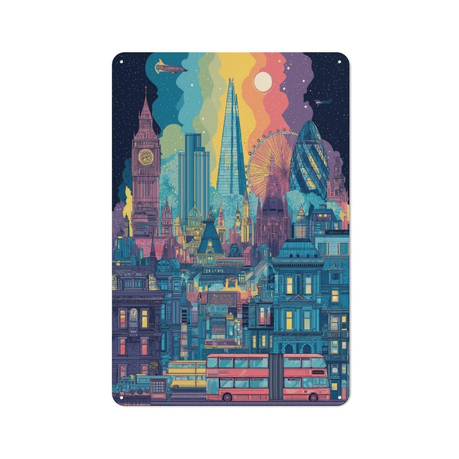 Junmoney London's Vibrant Skyline A Colorful Illustra Metal Plaque With Tion Design 30X20cm, Cosy Diner Style Decor For Coffee Bar, Kitchen, Bistro Or Tea Corner