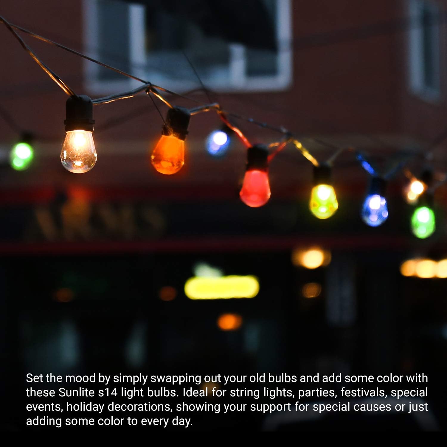 Sunlite 41482-SU S14 Incandescent Colored Party String Light Bulb, 11 Watts, Medium Base (E26), Dimmable, Mercury Free, Transparent Blue 12 Pack
