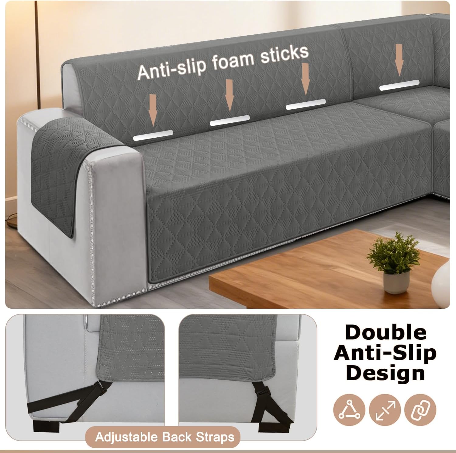 ALIECOM Corner Sectional Couch Covers L Shape Sofa Covers Washable Reversible Couch Cover for Sectional Slipcover U Shape Pet Dogs Furniture Protector with Elastic Straps (Dark Gray, Large)