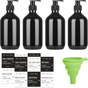 Soap Dispenser Set, 4 Pcs Shampoo and Conditioner Dispenser, 500 ML Refillable Shampoo and Conditioner Bottles Shampoo Bottle Pump Dispenser with Funnel Label for Bathroom or HotelBlack