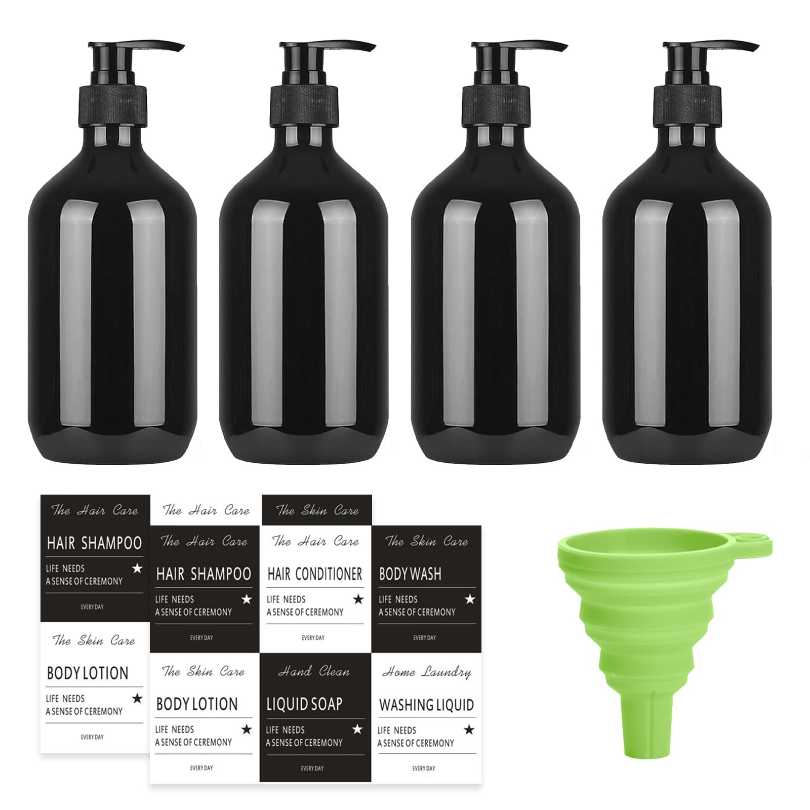 Xmshyodsm Back Soap Dispenser Set, 4 Pcs Shampoo And Conditioner Dispenser, 500 Ml Refillable Shampoo And Conditioner Bottles Shampoo Bottle Pump Dispenser With Funnel Label For Bathroom Or Hotel(Black)