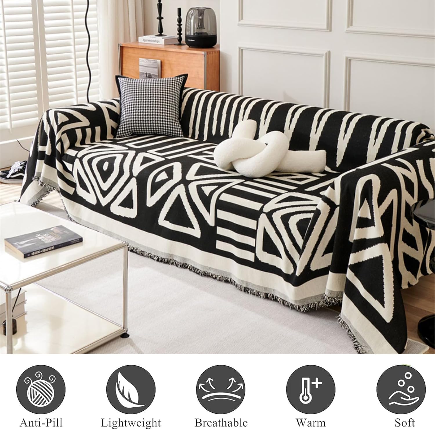 MERRYLIFE Chenille Boho Sofa Slipcover with Tassel Non-Slip Bohemian Soft Washable Loveseat Couch Cover Pet Furniture Protector (Black Boho, 71"*134")