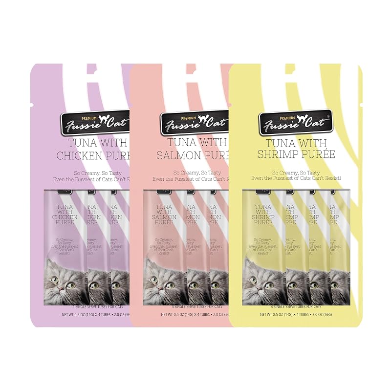 Petisco cremoso para gatos Fussie Cat à base de atum, sabores salmão, camarão e frango, pacote com 12 tubos