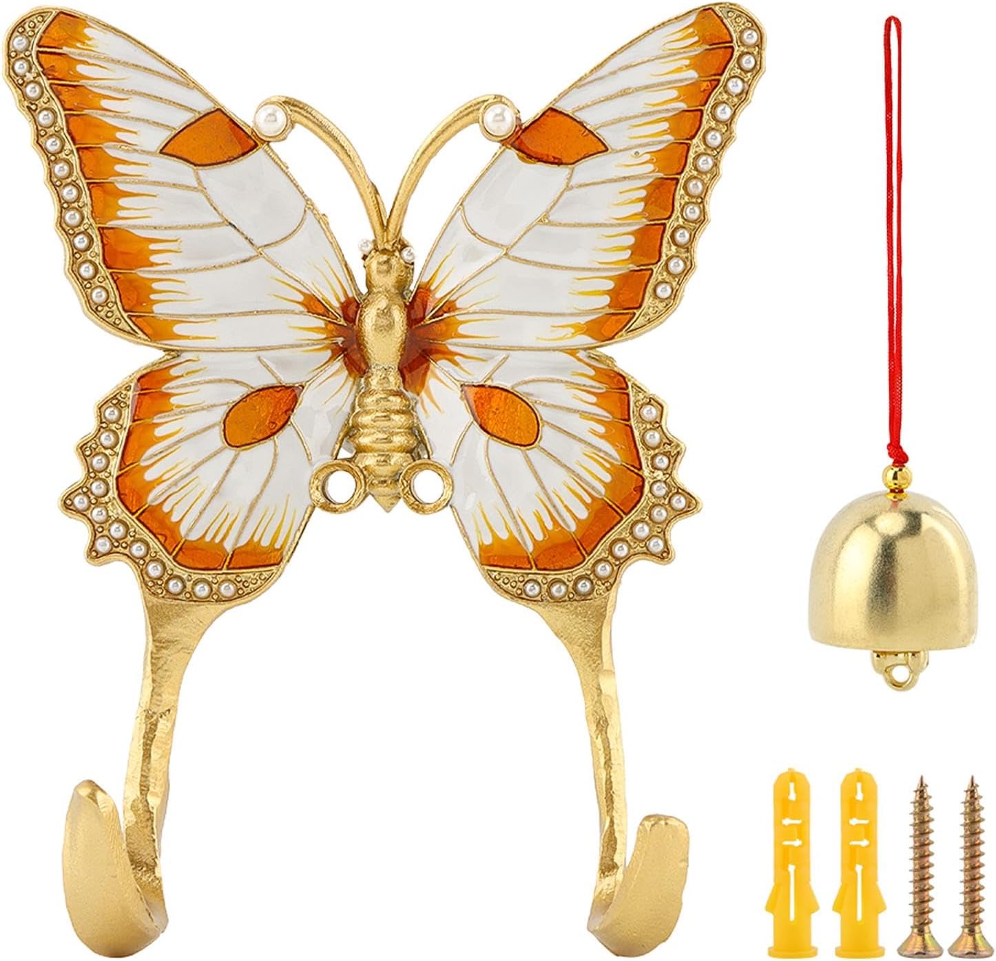 1 Pack Vintage Butterfly Shaped Decorative Wall Hook with 1 Wind Chime, Rack Hanger for Hanging Clothes Coats Towels Keys Hats, Antique Metal Mounted Wall Hook