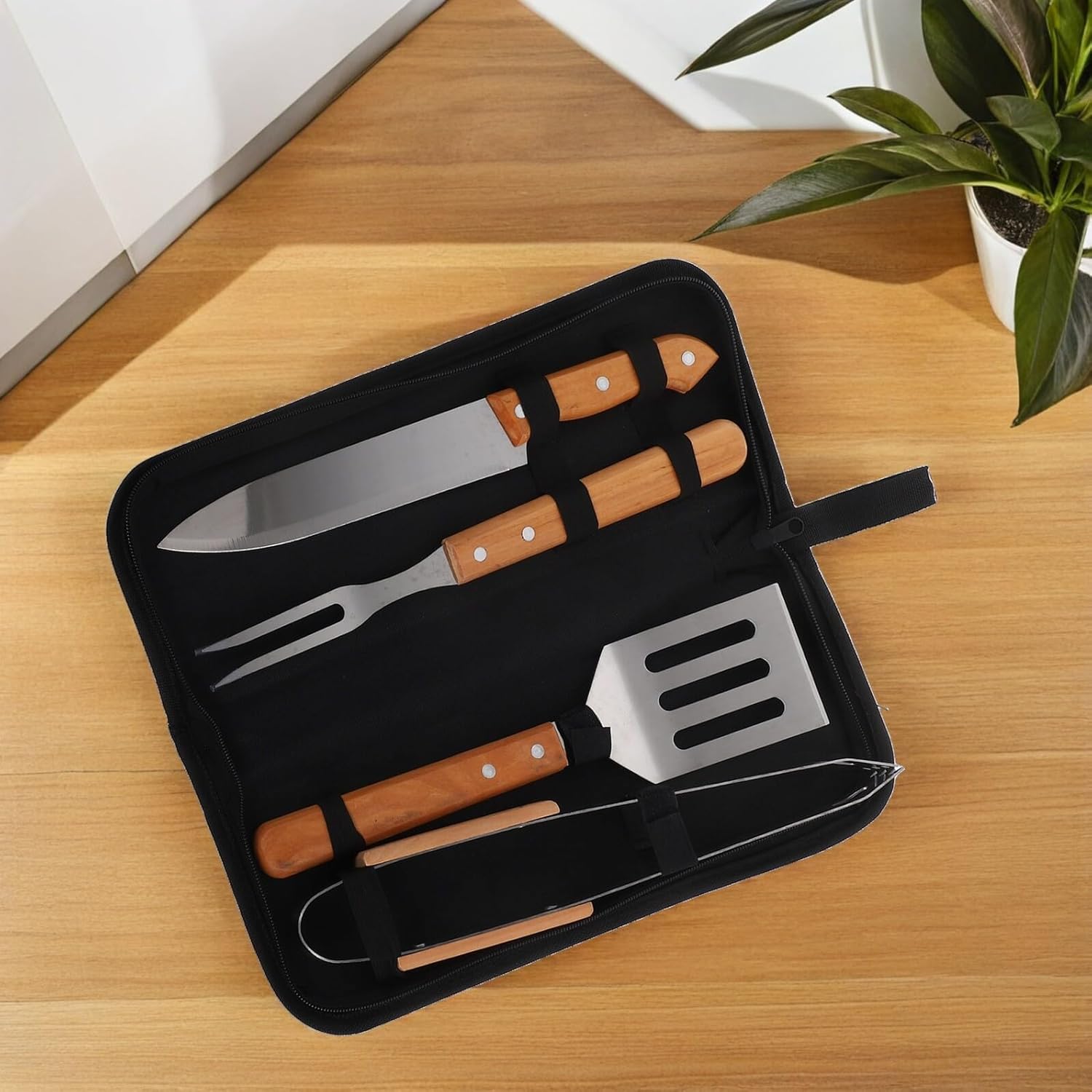 Stainless Steel BBQ Grilling Tools Set with Fork Spatula Tongs and Portable Carry Bag, 4pcs Outdoor Barbecue Accessory Kit for Camping Picnic Backyard