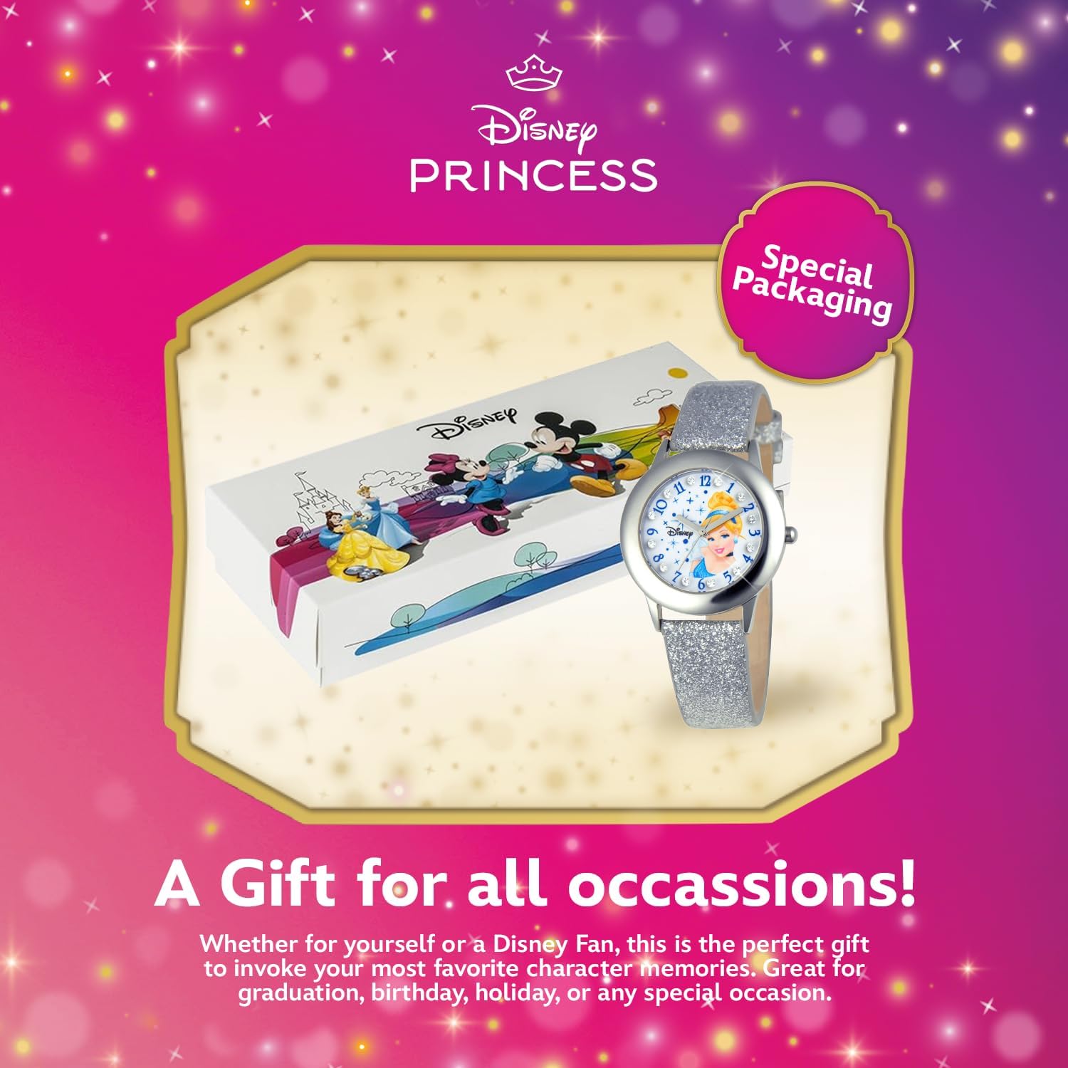 Disney Princess Watch for Girls Age 4–7 Featuring Cinderella Dial – Perfect for Fans of Glitter Moments, Royal Energy, and Sparkle Charm – Silver Bezel with Aqua Nylon Strap and Velcro Closure