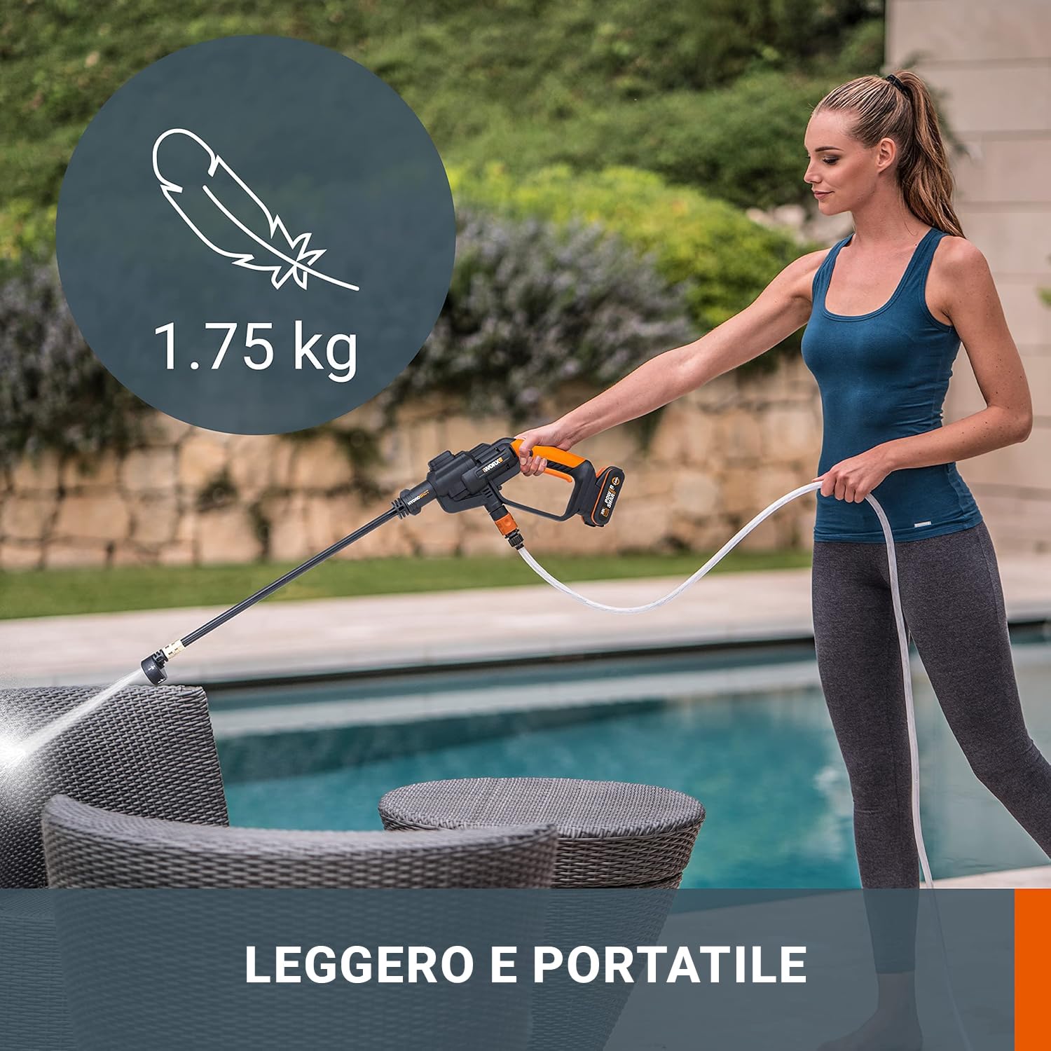 WORX WG620E.9 idropulitrice Hydroshot 20V, portatile, a batteria, con ugello a spruzzo multiplo, tubo da 6 m, senza batteria e caricatore
