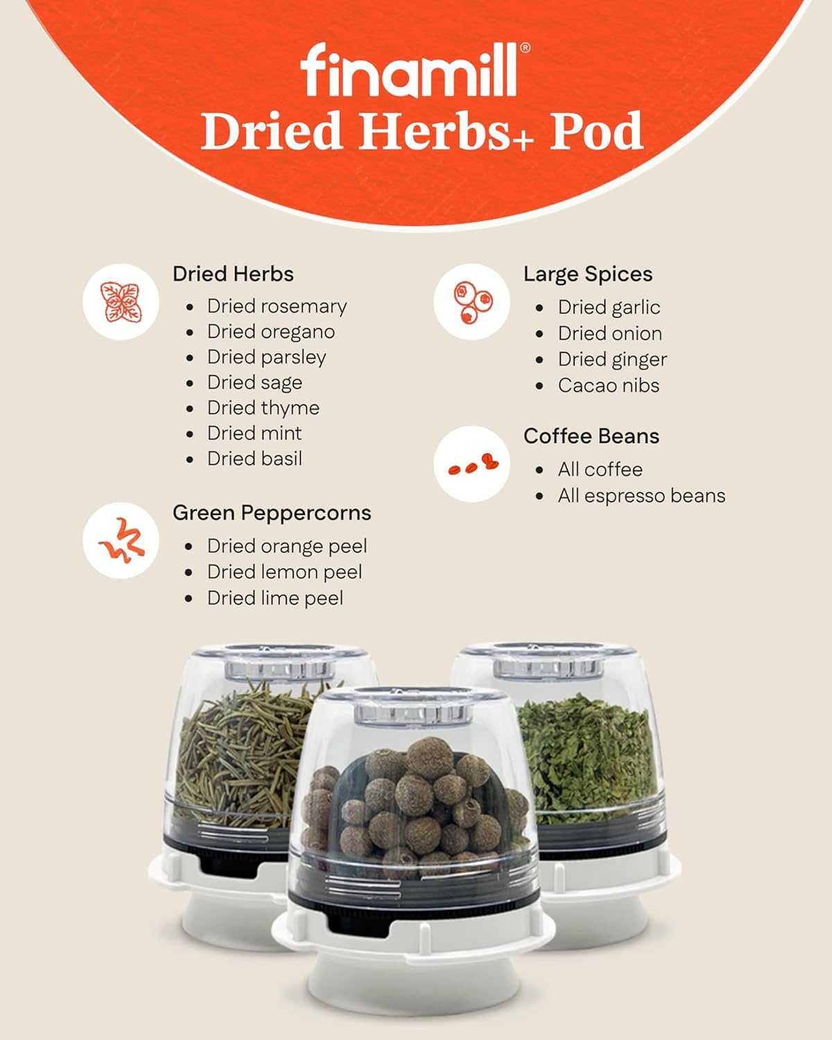 Finill Dried Herbs+ Pod – Single Refillable Spice Pod for Dried Herbs &