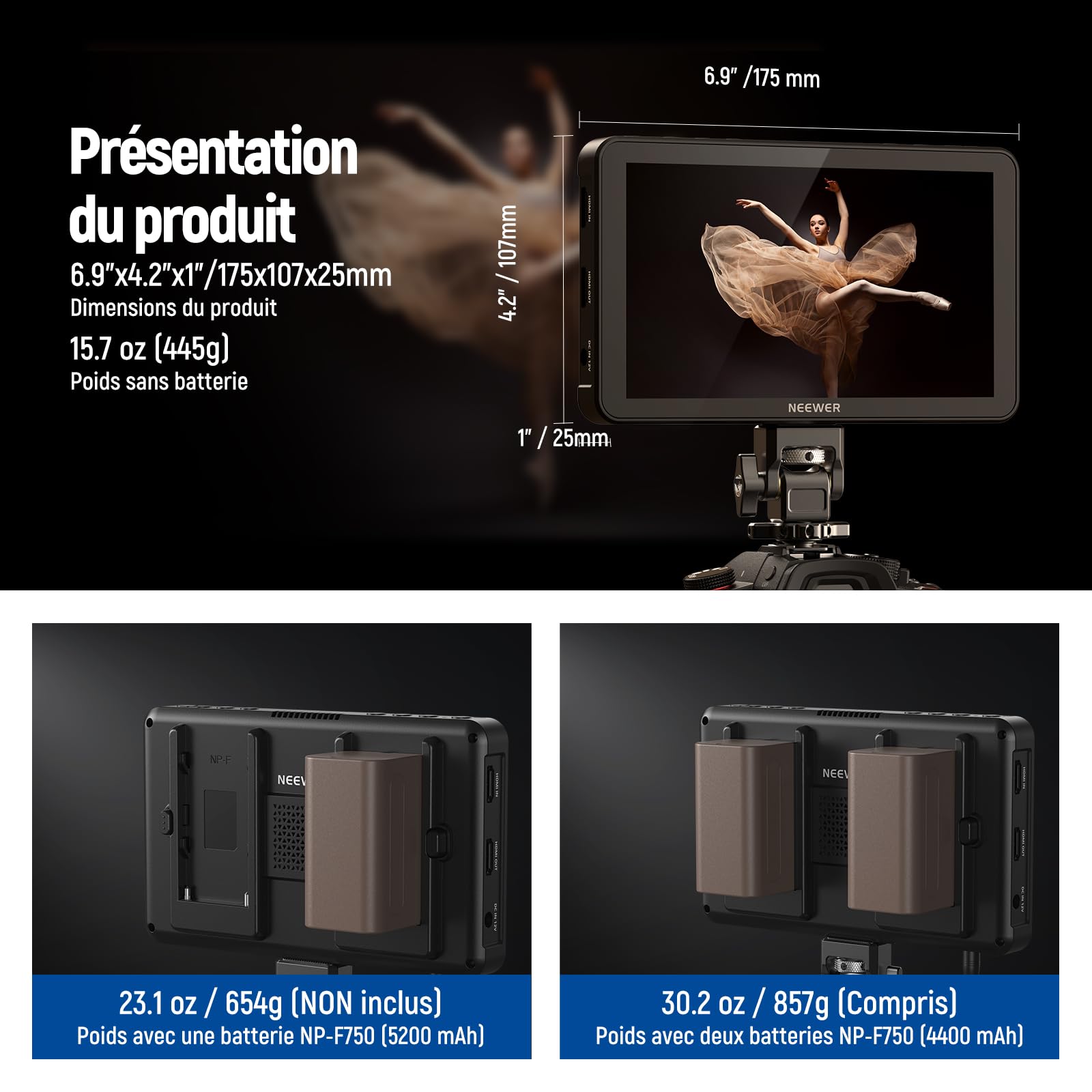 NEEWER F700 Moniteur Terrain pour Caméra 7",écran Tactile IPS HD 2000nit 1920x1080 avec 3D LUT,Boucle d'Entrée/Sortie HDMI 4K avec Peak Focus DSLR Video Assist HDR Waveform,2 Batteries NP-F750 & Câble