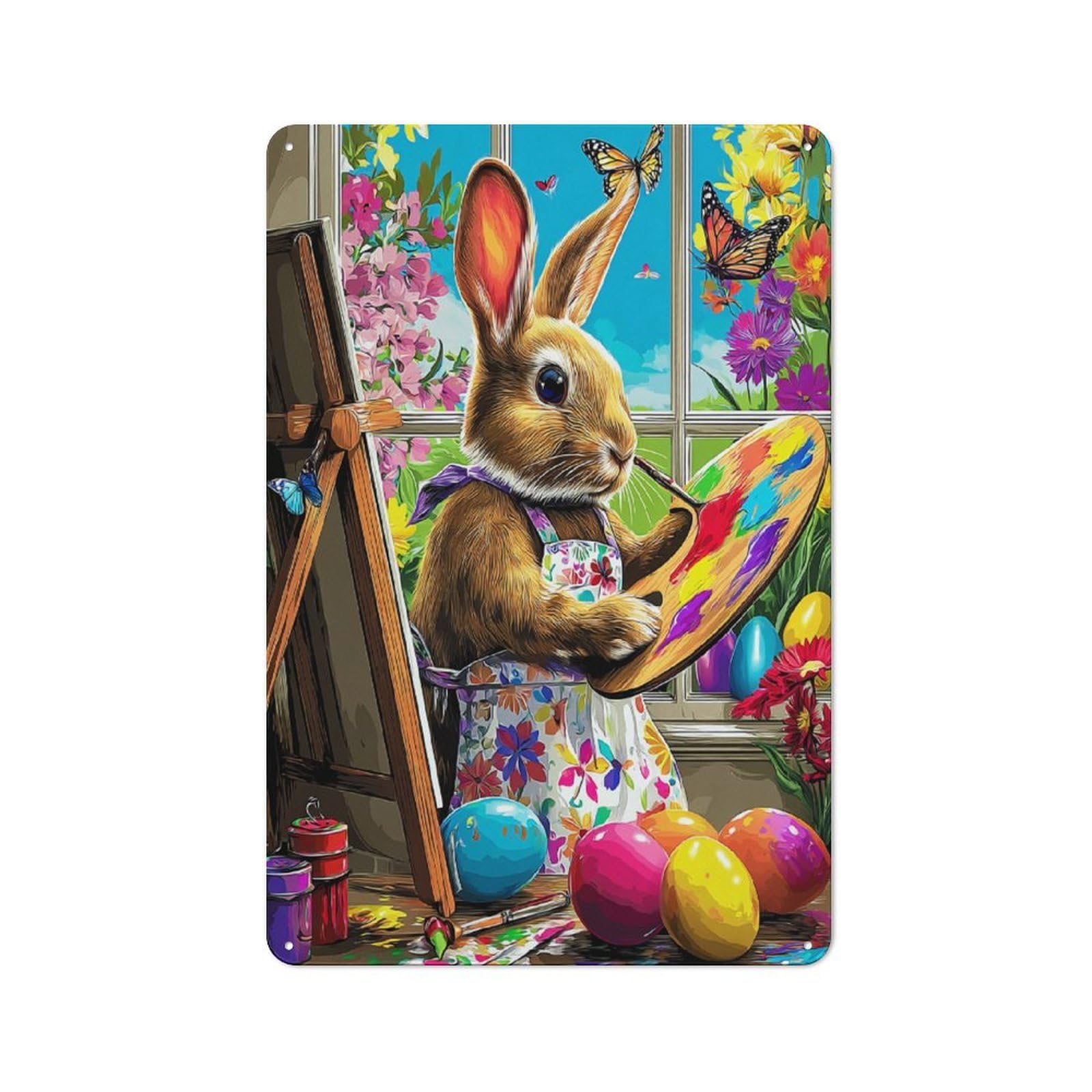 Junmoney Artist Bunny With Palette And Eggs Tin Wall Plaque 30X20cm With For Garage Or Workshop, For Living Room, Hallway And Entrance Wall Decor