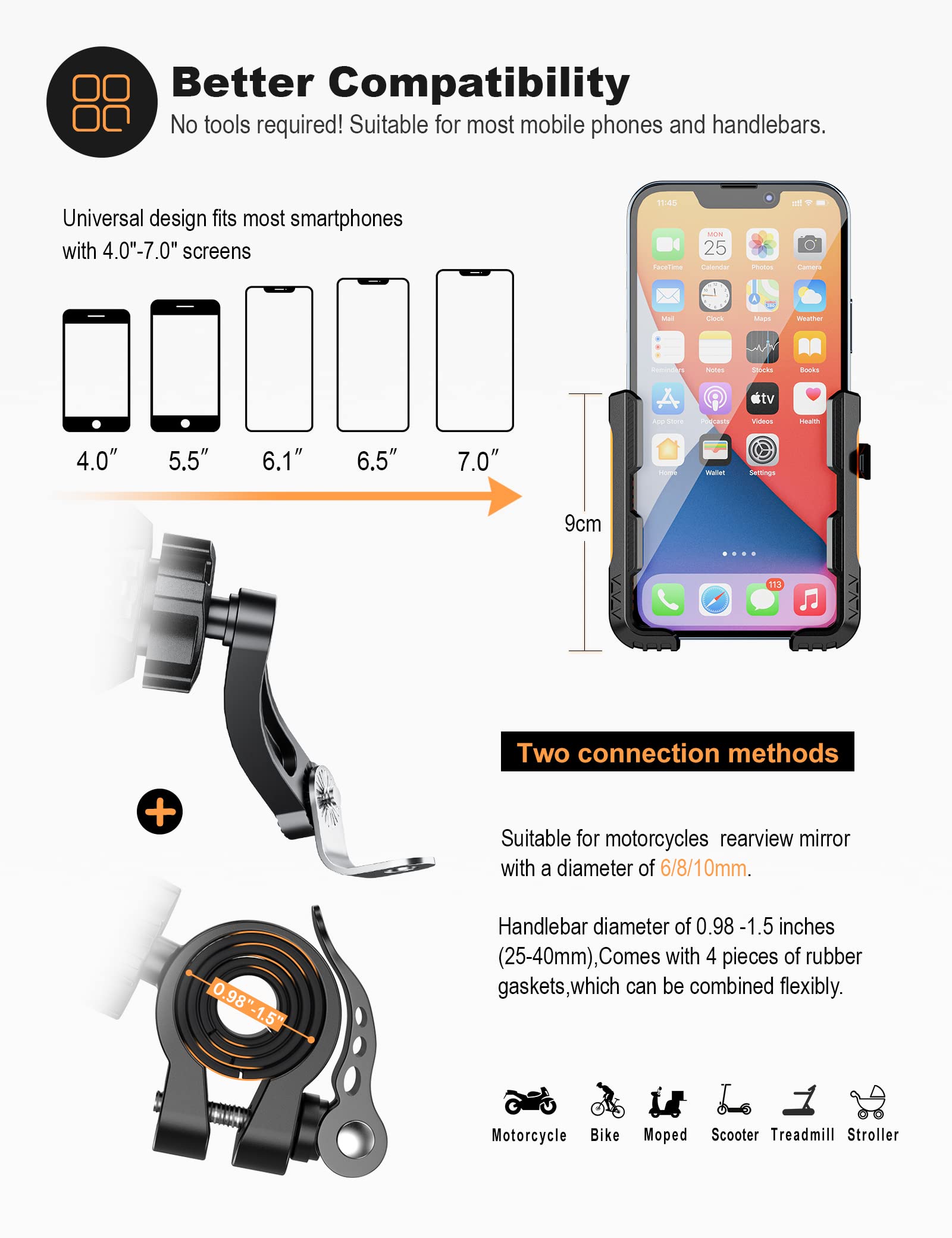 Grefay Soporte Móvil Moto Soporte Manillar Soporte Espejo Retrovisor | [2 Métodos Conexión + 1S Desmontaje Rápido] con 360 ° Giratorio para Teléfonos de 4.0-7.0 Pulgadas