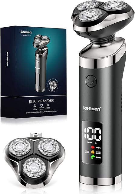 Electric Shavers Men, KENSEN Electric Razor for Men, Wet and Dry Waterproof Rechargeable Rotary Mens Electric Shavers, Shavers for Men LED Display Cordless Mens Shaver