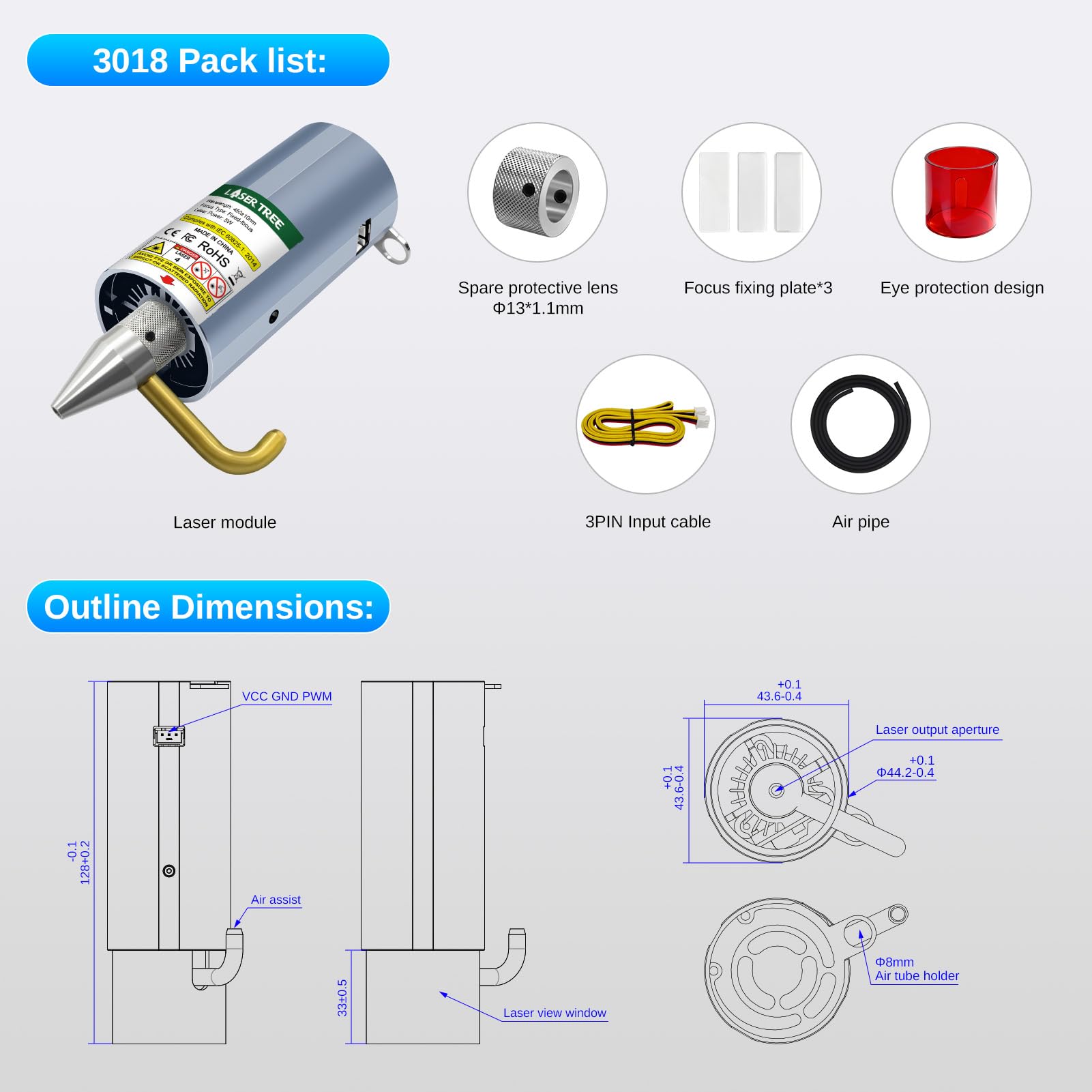 Kit modulo laser LASER TREE CNC 3018, testa laser con potenza ottica da 5 W con assistenza aerea, lunghezza focale fissa 45 mm, doppia compressione spot, compatibile con macchina CNC 3018, 12 V