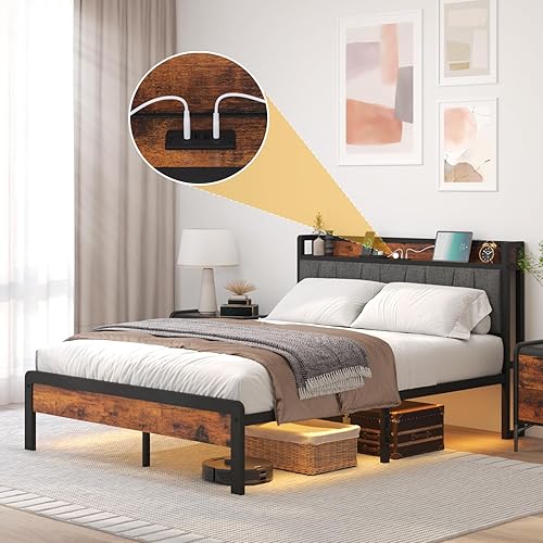 Full Bed Frame, Storage Headboard with Fast Charging Station, 3 Modes of Sensor Light for Night, Solid and Stable, Noise Free, No Box Spring Needed, Easy Assembly