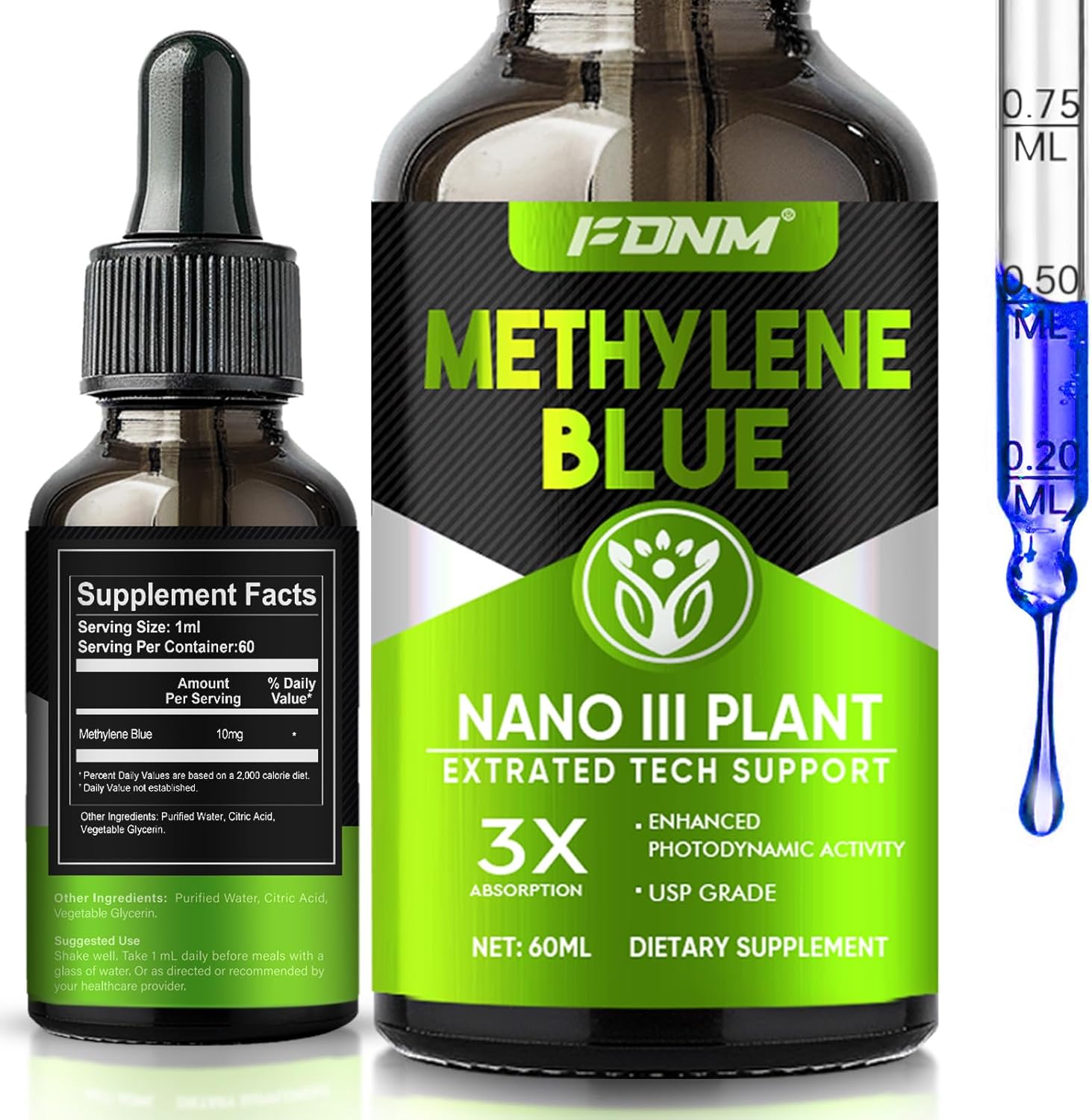 Methylene Blue Drops, 2 Fl oz Methylene Blue Pharmaceutical Grade, Supports Brain Health, Focus, High-Purity Liquid & Absorption, Precise Liquid Dropper, No Formaldehyde & GMO