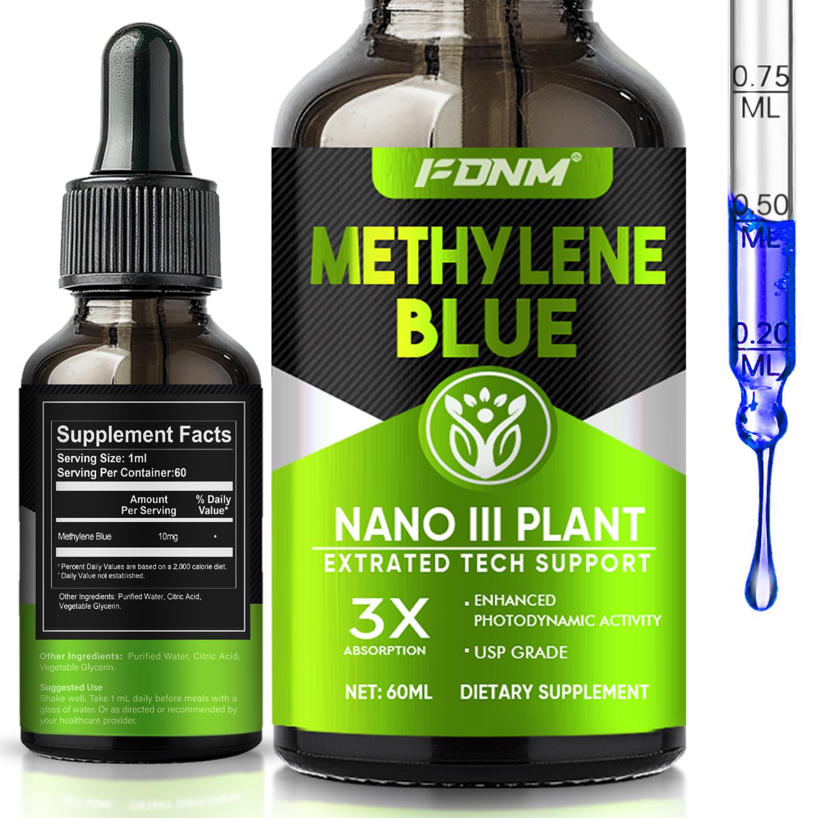 Methylene Blue Drops, 2 Fl oz Methylene Blue Pharmaceutical Grade, Supports Brain Health, Focus, High-Purity Liquid & Absorption, Precise Liquid Dropper, No Formaldehyde & GMO