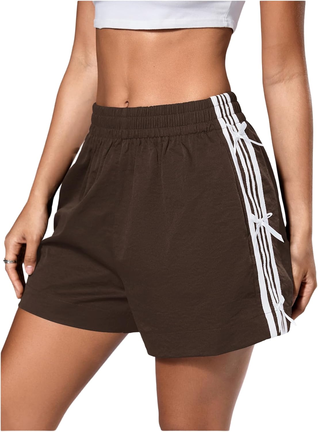 Verdusa Women's Bow Striped Track Shorts Y2k Elastic Waist Wide Leg Gym Shorts