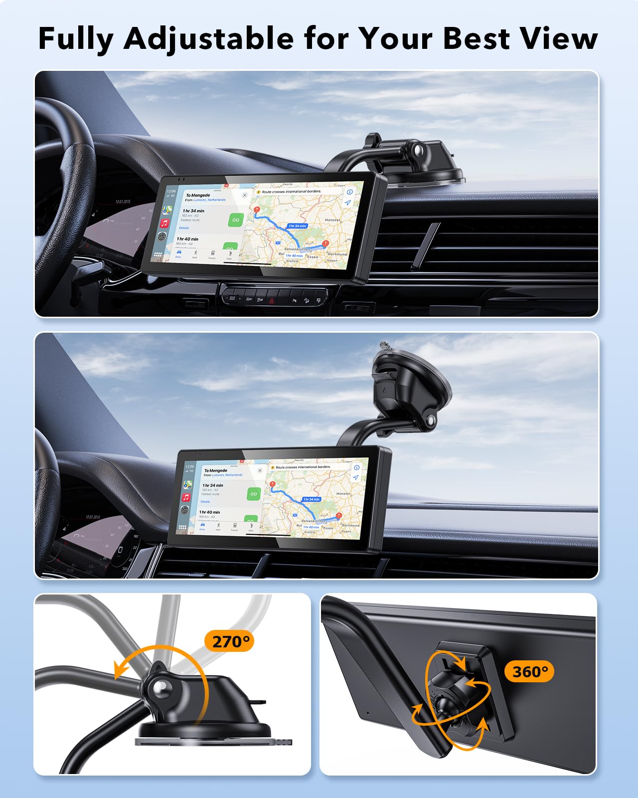 Soporte de ventosa para pantalla de coche: se adapta a pantallas CarPlay y GPS, soporte ajustable para salpicadero/parabrisas