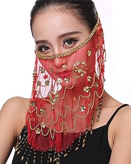 Women Belly Dance Face Veil with Beads Sequins Halloween Costume Accessory