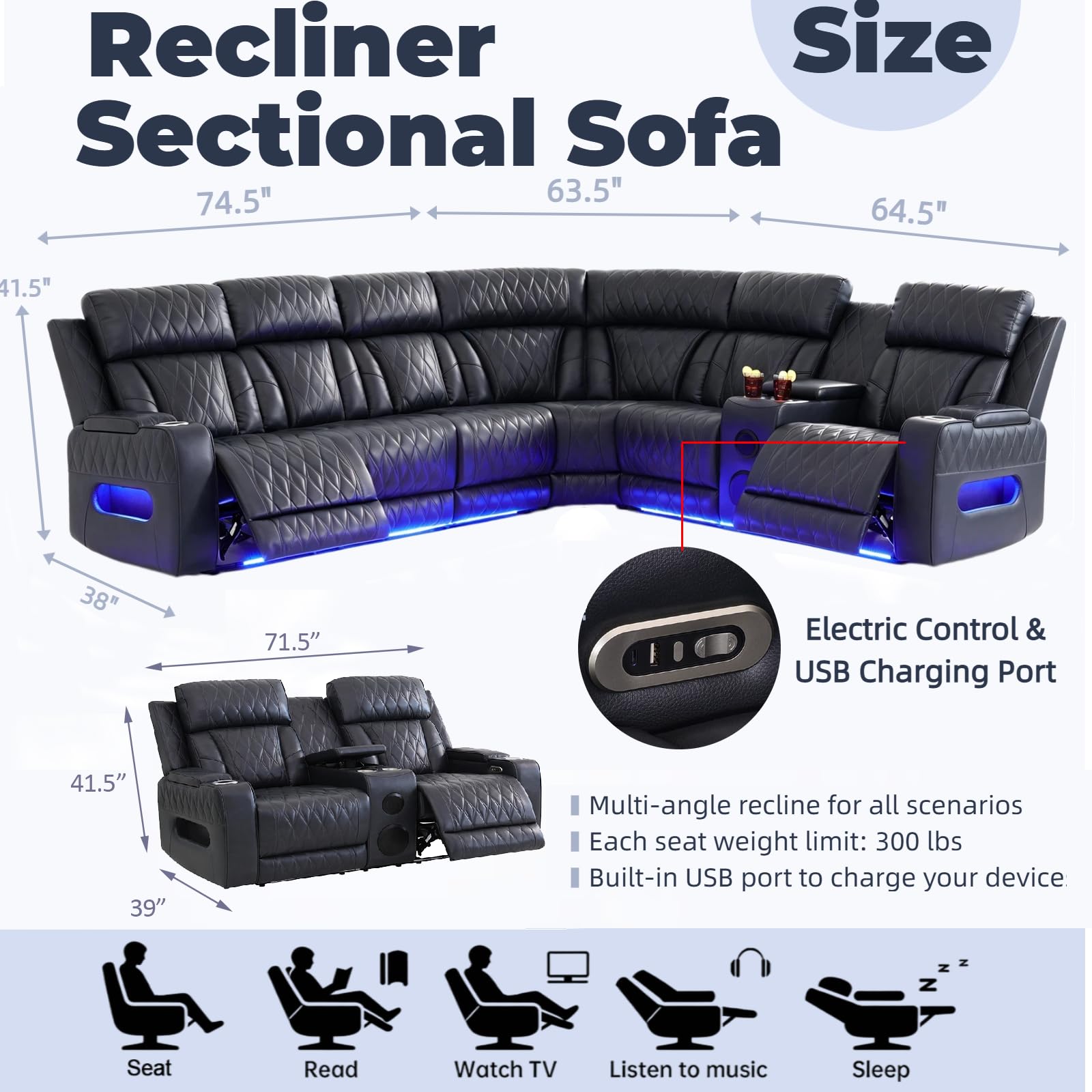 Power Reclining Sectional Sofa with Speakers & USB Ports for Living Room view 2