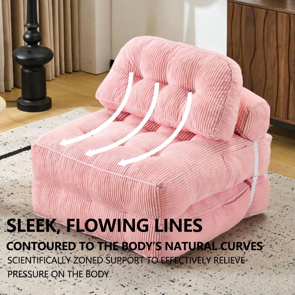 Schlafsofa, umwandelbare Einzelschlafcouch, rosa gepolsterte Matratze für Wohnzimmer, Design ohne Knochen, ideal für kleine Räume, bequem und stilvoll