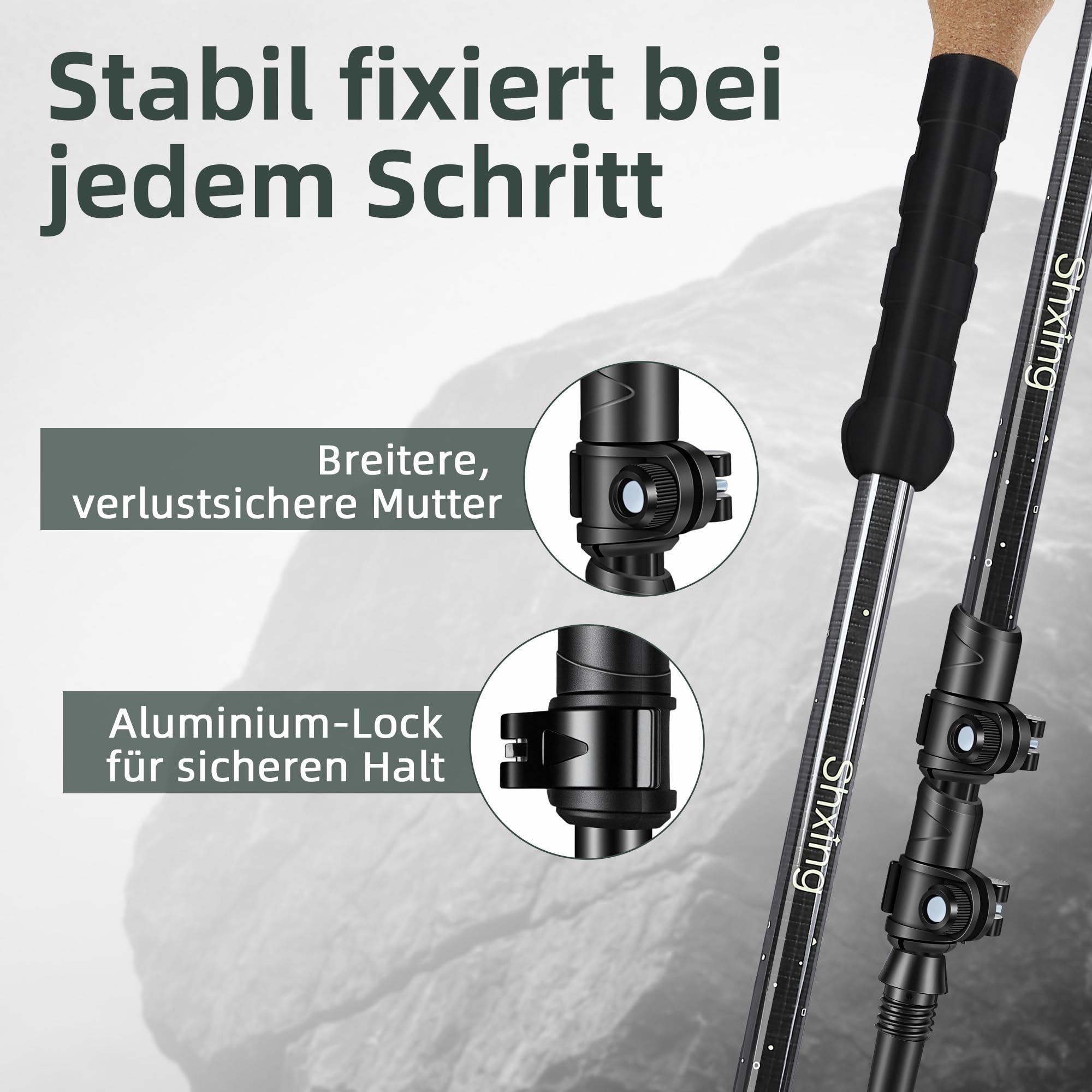 Teleskop-Wanderstöcke Carbon 2er Set, 200 g pro Stock, Schwarz | 62–135 cm verstellbar, Korkgriff mit EVA, Alu-Verschluss, Tasche & 10 Zubehörteile, für Wandern & Trekking
